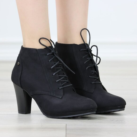 Womens Ankle Boots Lace Up Block Heel Booties Black Faux Suede - Picture 2 of 12